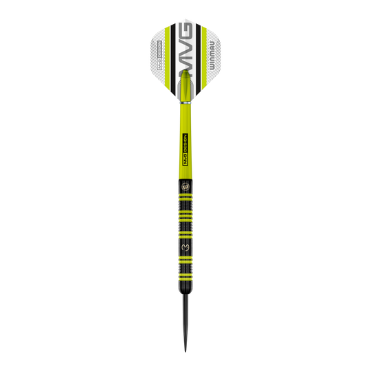 Stalowe rzutki Winmau Michael Van Gerwen 85 Pro-Series Auf dem Bild ist ein Winmau Michael Van Gerwen 85 Pro-Series Steeldart zu sehen. Der Dart hat ein modernes Design mit grünen und schwarzen Akzenten sowie der Aufschrift „MVG DESIGN“ auf dem Schaft.