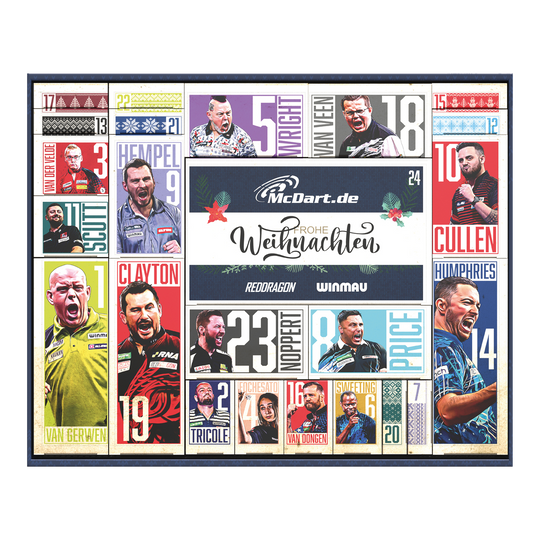 Die Abbildung zeigt den McDart Darts Adventskalender 2025. Der Kalender enthält verschiedene Zubehörteile für Dartspieler.