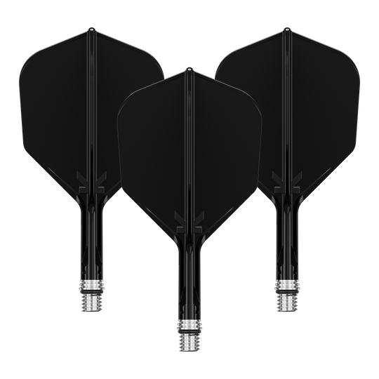 Das Bild zeigt ein Set schwarzer KShift No6 Flights mit 19mm Länge für Darts. Die Flights stammen von der Marke Target.