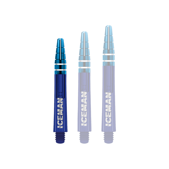 C810_Red_Dragon_Nitrotech_Gerwyn_Price_Blue_Shafts_36mm_1bW1ak37GQVIvd Das Bild zeigt drei blaue Dartschäfte mit silbernen Ringen. Auf den Schäften steht das Wort "ICEMAN" in weißen Buchstaben.
