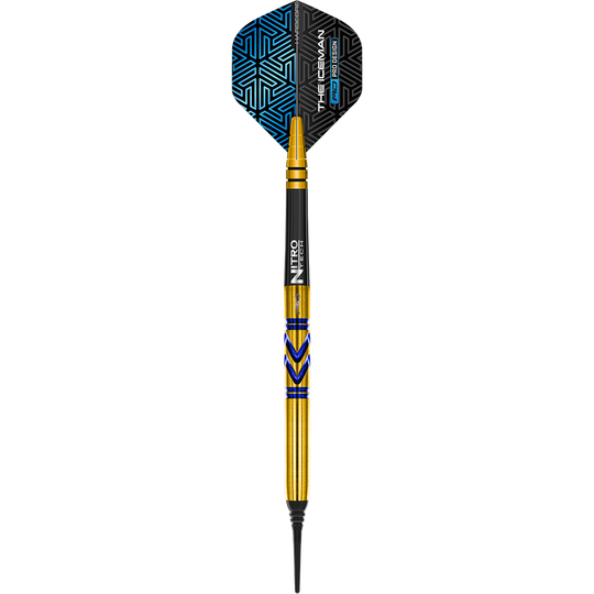 Der Red Dragon Gerwyn Price Avalanche Gold Softdart wiegt 20 Gramm und hat ein gold-blaues Design. Die Flights sind schwarz-blau gemustert und mit dem Schriftzug "The Iceman" bedruckt.