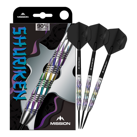Mission Shuriken Steeldarts sind professionelle Steeldarts. Das Bild zeigt das vollständige Set der Mission Shuriken Steeldarts.