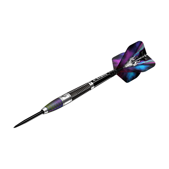 Dies ist der Mission Occult Steeldart mit einem Gewicht von 23 Gramm. Er hat einen metallischen Schaft und bunte, dekorative Flights.