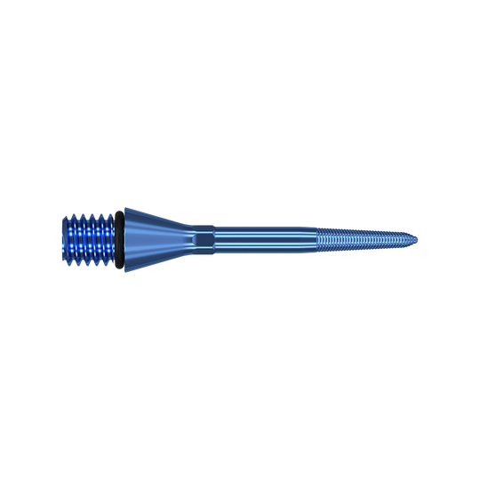 380164_Target_Titanium_Swiss_Point_Nano_Conversion_Points_Blau_26mm_2 Das Bild zeigt die Target Swiss Point Nano Conversion Point in Blau. Es handelt sich um eine schlanke, spitz zulaufende Dartspitze mit Gewinde.
