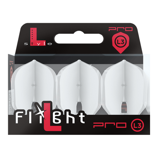 Die Abbildung zeigt eine Packung mit drei weißen Dartflights der Marke L-Style. Die Verpackung ist schwarz und transparent und trägt die Aufschrift "Flight Pro L3".