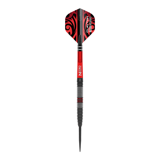 Stalowe strzałki Red Dragon Jonny Clayton Hiraeth Das Bild zeigt einen Red Dragon Jonny Clayton Hiraeth Steeldart. Der Dart ist in Schwarz und Rot gehalten und hat auffällige Muster auf den Flights.