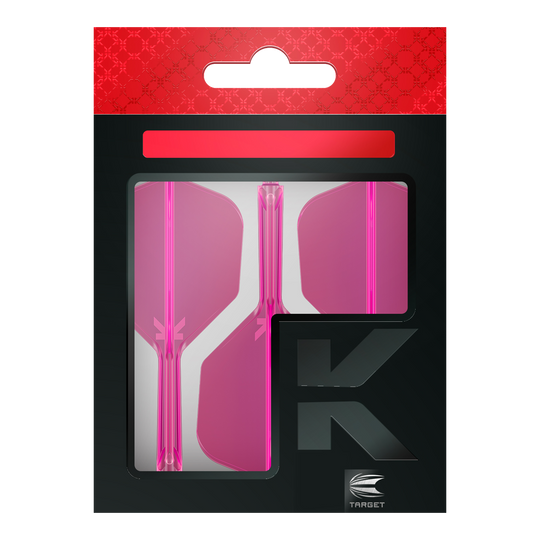 Auf dem Bild ist eine Verpackung mit drei pinken Dartflights zu sehen. Die Verpackung ist schwarz mit einem roten oberen Rand und dem Markenlogo "Target" unten rechts.