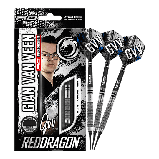 Softdarts Red Dragon Gian Van Veen Tour Edition - 20g Das Bild zeigt die "Red Dragon Gian Van Veen Tour Edition Softdarts - 20g" mit Verpackung und drei Darts. Auf der Verpackung ist ein Porträt von Gian Van Veen sowie die Produktinformationen zu sehen.