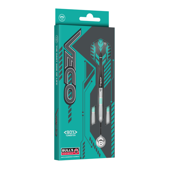 Die Abbildung zeigt die Verpackung der "Bulls Veco V3 Softdarts". Die Box ist türkis und grau gestaltet und hebt hervor, dass die Darts aus 90% Tungsten bestehen.