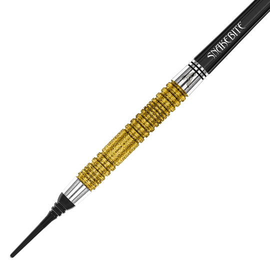 Red Dragon Peter Wright Double World Champion SE Gold Plus Softdarts - 20g Das Bild zeigt einen goldfarbenen Softdartpfeil mit schwarzer Spitze und dem Schriftzug "Snakebite" auf dem Schaft. Es handelt sich um das Modell "Red Dragon Peter Wright Double World Champion SE Gold Plus Softdarts - 20g".