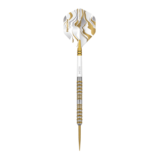 Red Dragon Paradym Gold Parallel Steeldarts Auf dem Bild sind die Red Dragon Paradym Gold Parallel Steeldarts zu sehen. Diese Steeldarts zeichnen sich durch ihr paralleles Design und goldene Akzente aus.