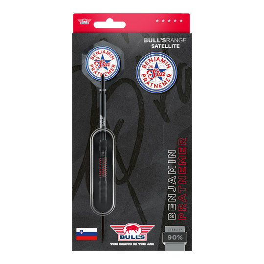 Stalowe lotki Bulls NL Benjamin Pratnemer - 20g Das Bild zeigt die Verpackung der "Bulls NL Benjamin Pratnemer Steeldarts - 20g". Auf der Verpackung sind ein Dartpfeil, Ersatzflights und der Name Benjamin Pratnemer abgebildet.