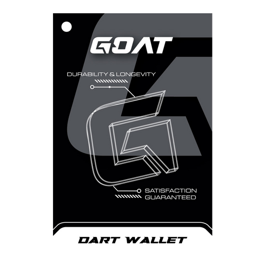 Das Bild zeigt die Verpackung des Produkts "GOAT Locker S Dartwallet". Es hebt die Eigenschaften Langlebigkeit und Zufriedenheit hervor.