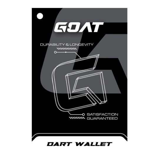 Portfel do darta GOAT Locker XL Das Bild zeigt die Verpackung des Produkts "GOAT Locker S Dartwallet". Es hebt die Eigenschaften Langlebigkeit und Zufriedenheit hervor.