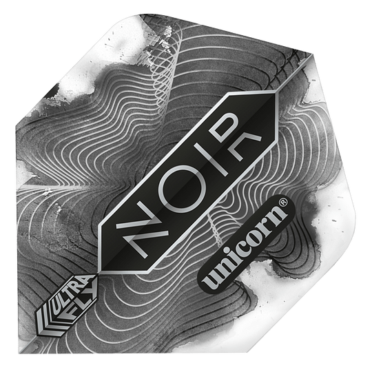 69004_p1 Das Bild zeigt ein Dartflight mit dem Namen "Unicorn Ultrafly 100 Plus Noir Organic Flights". Das Design ist schwarz-weiß mit wellenförmigen Linien und den Aufschriften "NOIR", "unicorn" und "ULTRAFLY".
