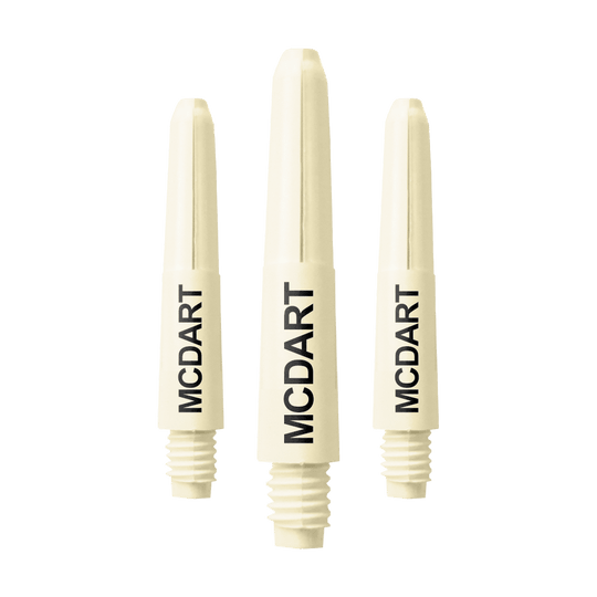 Auf dem Bild sind drei naturweiße Dartschäfte aus Nylon zu sehen. Auf jedem Schaft steht der Schriftzug "MCDART".