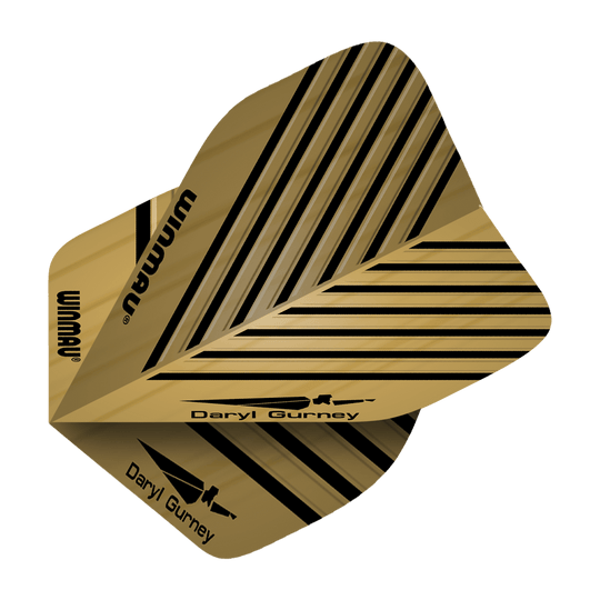 6800-114_Winmau_Daryl_Gurney_Embossed_Flights_2 Das Bild zeigt die goldfarbenen Winmau Daryl Gurney Embossed Flights mit schwarzen Linienmustern. Auf den Flights stehen die Namen "Winmau" und "Daryl Gurney" zusammen mit einem Pfeil-Symbol.