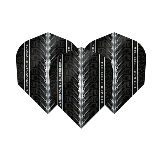 Das Bild zeigt die "Harrows Supergrip Black-Edition No6 Flights" in einem schwarzen Design mit silbernen Akzenten. Die Flights haben eine strukturierte Oberfläche und den Schriftzug "Harrows Supergrip Black Edition".