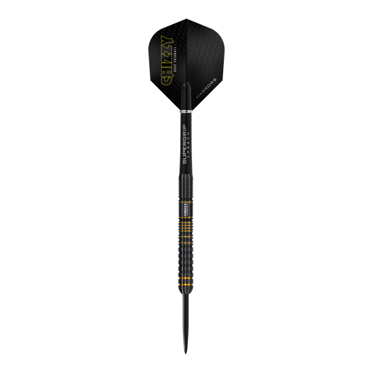 Stalowe lotki Harrow's Dave Chisnall Chizzy Series 3 Das Bild zeigt den Harrows Dave Chisnall Chizzy Series 3 Steeldart. Der Dart ist schwarz mit gelben Akzenten und hat den Schriftzug "CHIZZY" auf dem Flight.