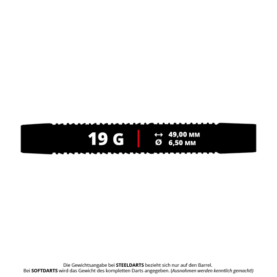 Unicorn Core XL Striker Style 1 Miękkie lotki - 19 g Das Bild zeigt die Maße und das Gewicht des Produkts "Unicorn Core XL Striker Style 1 Softdarts - 19g". Der Dart wiegt 19 Gramm, ist 49,00 mm lang und hat einen Durchmesser von 6,50 mm.