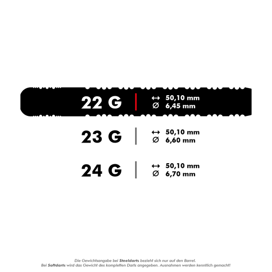 Target Chris Dobey Hollywood Action Swiss Point Steeldarts Das Bild zeigt drei verschiedene Gewichte von Darts: 22g, 23g und 24g, jeweils mit ihren Maßen. Für jedes Gewicht sind die Länge von 50,10 mm und unterschiedliche Durchmesser (6,45 mm, 6,60 mm, 6,70 mm) angegeben.