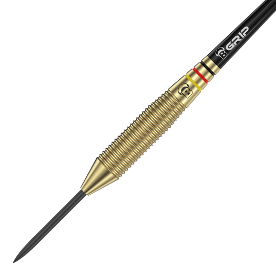 Byki Martin Schindler The Wall Brass Steeldarts Auf dem Bild ist ein Bulls Martin Schindler The Wall Brass Steeldart zu sehen. Der Dart besitzt einen messingfarbenen, geriffelten Griffbereich und eine schwarze Spitze.