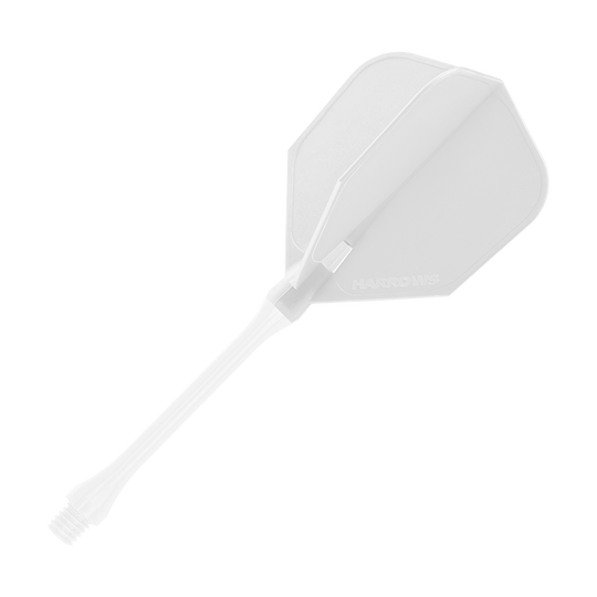 HRC-110_Harrows_Clic_Standard_Flight_White_2 Auf dem Bild ist ein weißer Harrows Clic Standard Flight für Darts zu sehen. Er besteht aus einem stabilen Shaft und einem klassischen, flügelartigen Flight-Design.