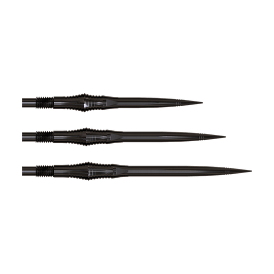 Harrows Quick Point Spire Elite Series Dartspitzen in Schwarz. Die Spitzen sind schlank und dunkel gefärbt.