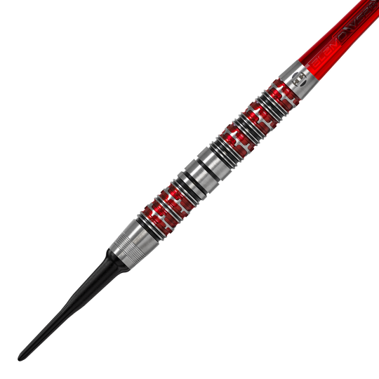 Harrow's Damon Heta Series 3 miękkie lotki Dies ist ein Harrows Damon Heta Series 3 Softdart. Der Dartpfeil hat ein silbernes Griffstück mit roten Akzenten und einer schwarzen Spitze.