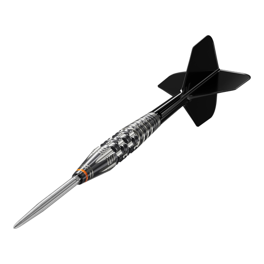 Das Bild zeigt einen Steeldartpfeil mit schwarzer Spitze und schwarzen Flights, genannt "Target Japan Black Marque Dancing Duck GEN 4 Steeldarts". Der Dartpfeil hat ein silbernes, glänzendes Griffstück mit feinen Rillen und Gravuren.