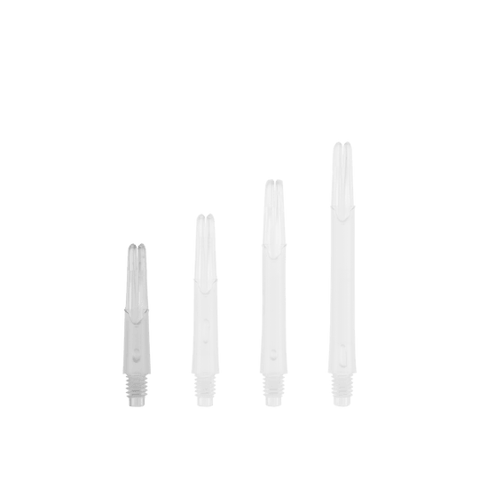 Das Bild zeigt vier durchsichtige, gerade Dartschäfte in unterschiedlichen Längen. Sie sind ohne Kappen nebeneinander angeordnet.