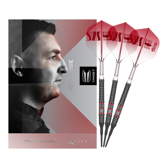 Dieses Bild zeigt die Target Nathan Aspinall 95K Softdarts - 18g in der Komplettansicht. Die Dartpfeile bestechen durch ihr hochwertiges Design.