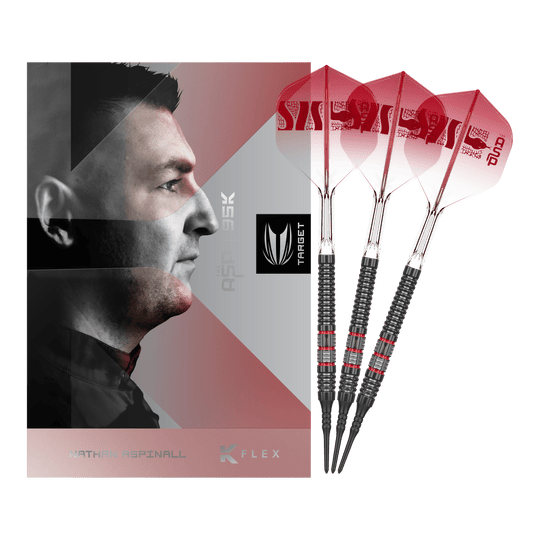 Target Nathan Aspinall 95K Miękkie lotki - 18g Dieses Bild zeigt die Target Nathan Aspinall 95K Softdarts - 18g in der Komplettansicht. Die Dartpfeile bestechen durch ihr hochwertiges Design.