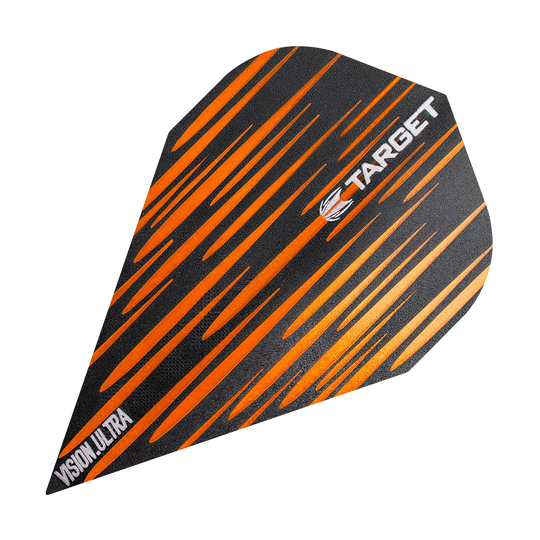 TG72_332380_Target_Vision_Ultra_Spectrum_Orange_Vapor_Flights_1zC4oRCsujUS8F Das Bild zeigt ein Dartflugblatt namens "Target Vision Ultra Spectrum Orange Vapor Flights". Es hat ein schwarzes Design mit auffälligen orangefarbenen Streifen und trägt den weißen Schriftzug "TARGET".