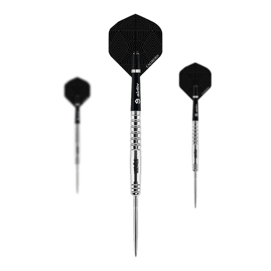 Abgebildet sind die Caliburn Wolfpack W6 Steeldarts mit einem Gewicht von 22g. Die Darts sind für Präzision und hohe Qualität bekannt.
