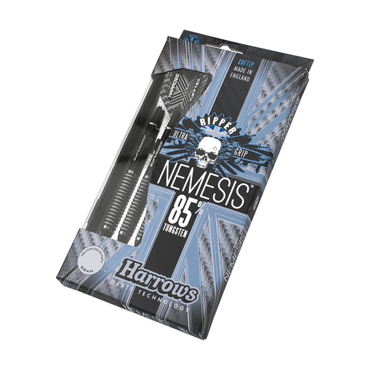 HA06816-Harrows-Nemesis-85-Softdarts-3-4-Plastikbox Auf dem Bild ist eine Verpackung mit Harrows Nemesis Softdarts zu sehen. Die Darts bestehen zu 85 % aus Tungsten und werden in England hergestellt.