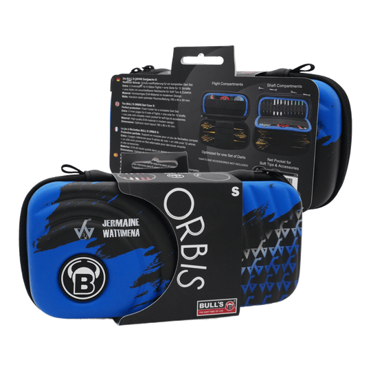 Pokrowiec na rzutki Bulls Orbis S Jermaine Watttimena Das Bild zeigt das Produkt "Bulls Orbis S Jermaine Wattimena Dartcase" in blauer und schwarzer Farbe. Die Darttasche ist kompakt und eignet sich zum sicheren Aufbewahren von Dartzubehör.