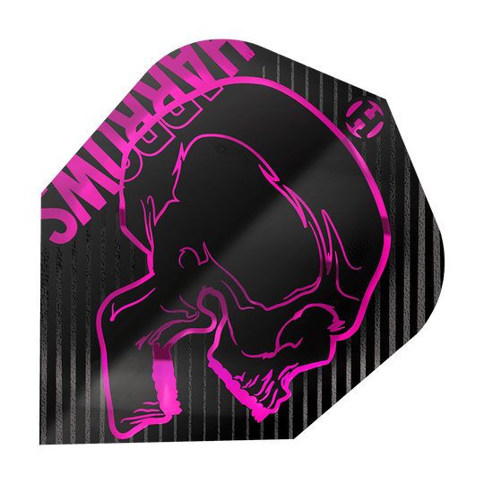 Loty Harrows Rage Pink nr 6 Das Bild zeigt das Produkt "Harrows Rage Pink No6 Flights". Es ist ein schwarzes Dartflight mit einem pinken Totenkopf und pinken Streifen.