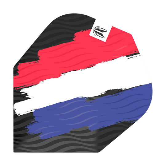 Dieses Bild zeigt ein Dart-Flight mit dem Design der niederländischen Flagge in rot, weiß und blau. In der oberen Ecke befindet sich ein kleines Logo auf weißem Hintergrund.