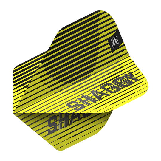 Das Bild zeigt ein Dart Flight in gelber Farbe mit schwarzen Streifen. Auf dem Flight steht das Wort "SHAGGY" in großen Buchstaben.