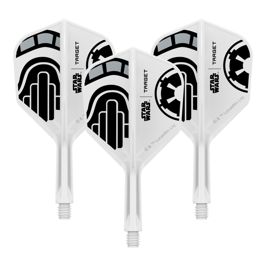 Ein Set von Dart-Flights der Star Wars KFlex Stormtrooper No6 Serie ist dargestellt. Die Flights sind kurz und 19 mm lang.