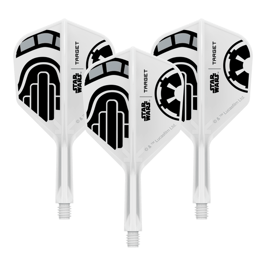 Target Star Wars K-Flex Stormtrooper No6 Flights Ein Set von Dart-Flights der Star Wars KFlex Stormtrooper No6 Serie ist dargestellt. Die Flights sind kurz und 19 mm lang.
