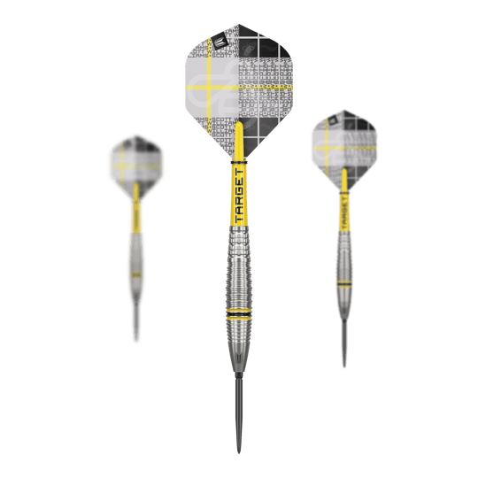 Stalowe lotki Target Scott Williams GEN2 Swiss Point Das Bild zeigt drei Target Scott Williams GEN2 Swiss Point Steeldarts mit silbernen Spitzen und gelben Akzenten. Die Flights haben ein auffälliges, gemustertes Design in Schwarz, Weiß und Gelb.