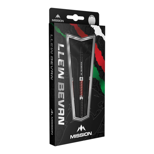 Mission Llew Bevan Black Red Electro Steeldarts - 23g. Elegante Steeldarts in Schwarz und Rot, ideal für Dartspieler.