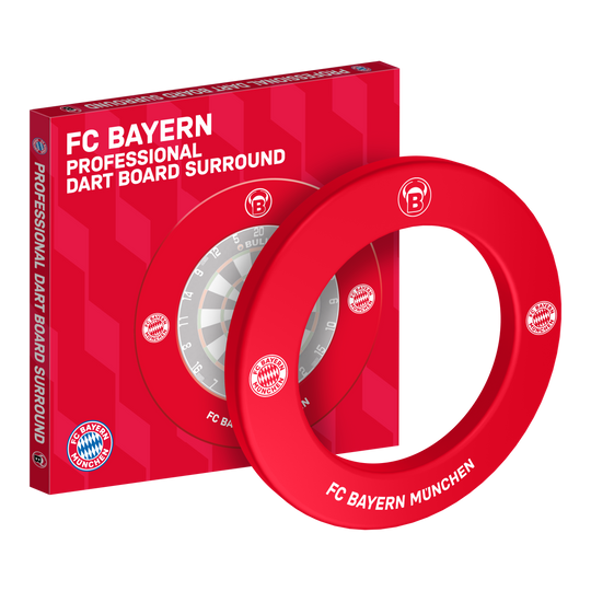 Abgebildet ist das Bulls FC Bayern München Premium Dartboard Surround. Die Dartboard-Umrandung ist im Stil des FC Bayern München gestaltet.