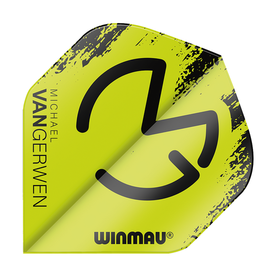 6900-232_Winmau_Mega_MvG_Black_Green_Standard_Flights_1sXWZZ3esEqClU Das Bild zeigt ein Dart-Flügel (Flight) in leuchtendem Grün mit schwarzem Design und dem Logo von Winmau. Auf der linken Seite steht der Name "Michael van Gerwen".