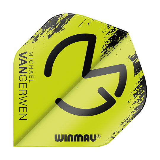 6900-232_Winmau_Mega_MvG_Black_Green_Standard_Flights_1sXWZZ3esEqClU Winmau Mega MvG Black Green Standard Flights mit auffälligem Muster. Die Flights liegen gestaffelt.