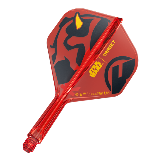 Das Bild zeigt den Artikel 410523_Target_StarWars_KFlex_DarthMaul_No2_Standard_Flights_Short_19mm_1. Es handelt sich vermutlich um kurze Dart-Flights mit Star Wars Darth Maul Design.