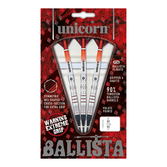 Unicorn Ballista Style 3 miękkie lotki Das Bild zeigt eine Packung "Unicorn Ballista Style 3 Softdarts" mit drei Dartpfeilen. Die Verpackung hebt das symmetrische Hex-Muster für zusätzlichen Grip und 90% Tungsten-Barrels hervor.