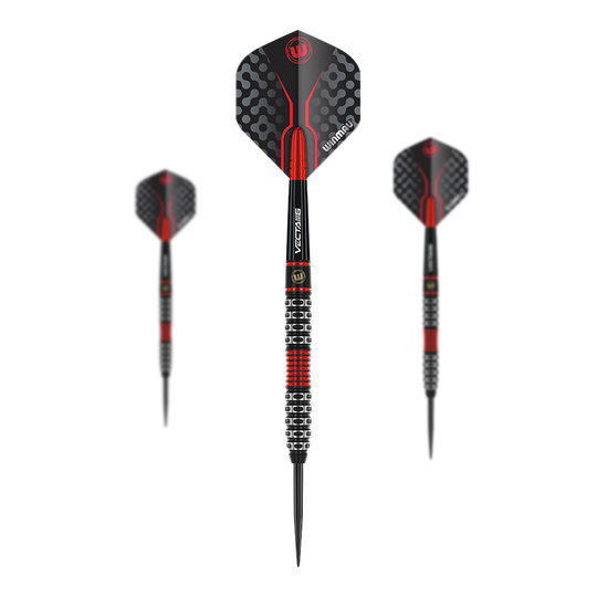 Specjalna edycja Steeldarts firmy Winmau Joe Cullen Das Bild zeigt drei Steeldarts mit schwarzem und rotem Design. Sie haben auffällige Muster auf den Flights und einen speziellen, griffigen Schaft.